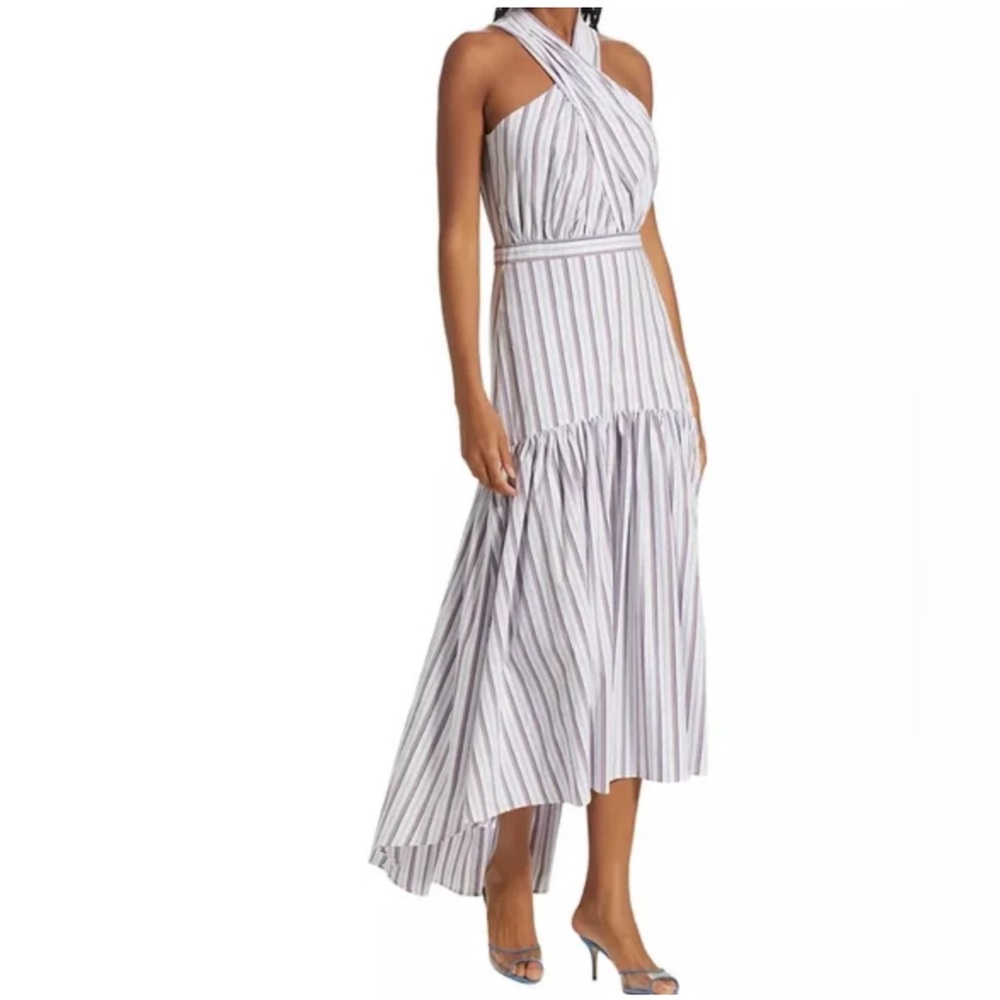 Veronica Beard White and Light Gray Striped Cross-Halter High-Low Dress